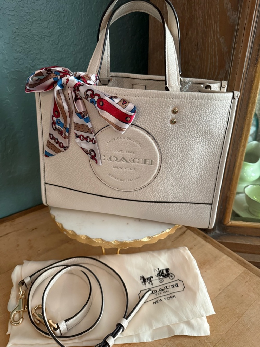 Coach Cream Pebbled Leather Tote with Gold Hardware